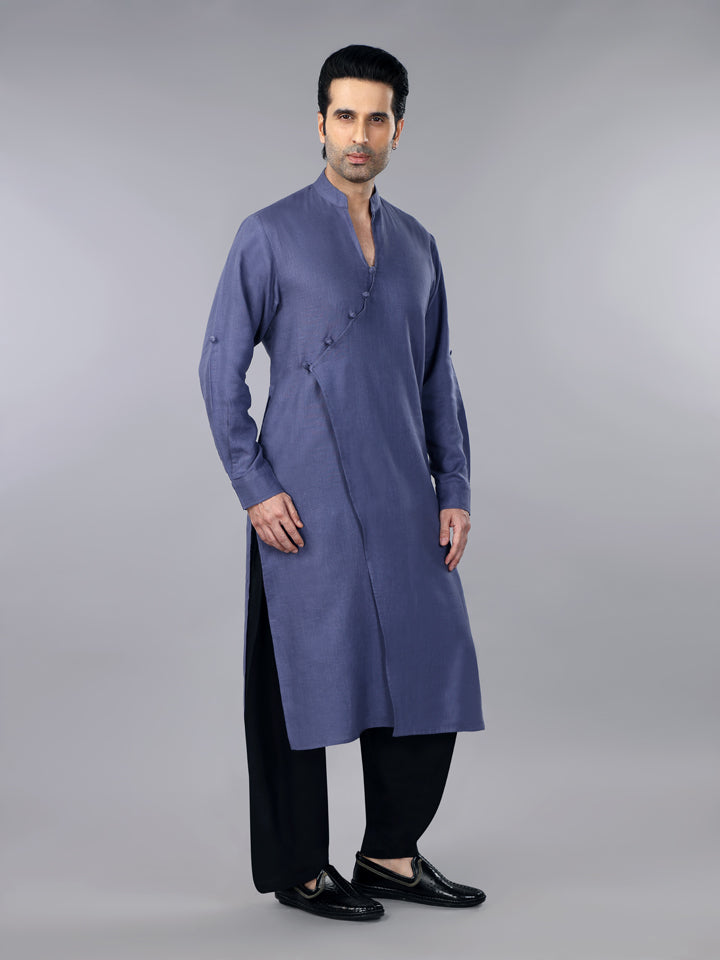 Gothilo Slate Grey Linen Overlap Kurta & Salwar Set