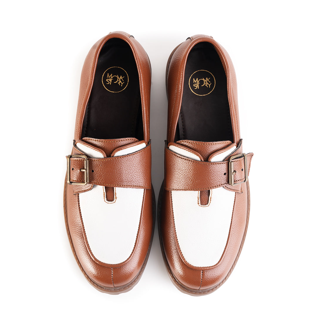 Monkstory Cosmopolitan Buckled Loafers  - Tan/White