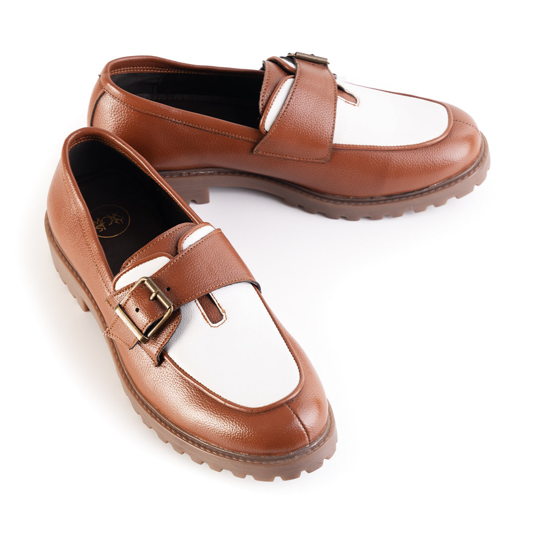 Monkstory Cosmopolitan Buckled Loafers  - Tan/White