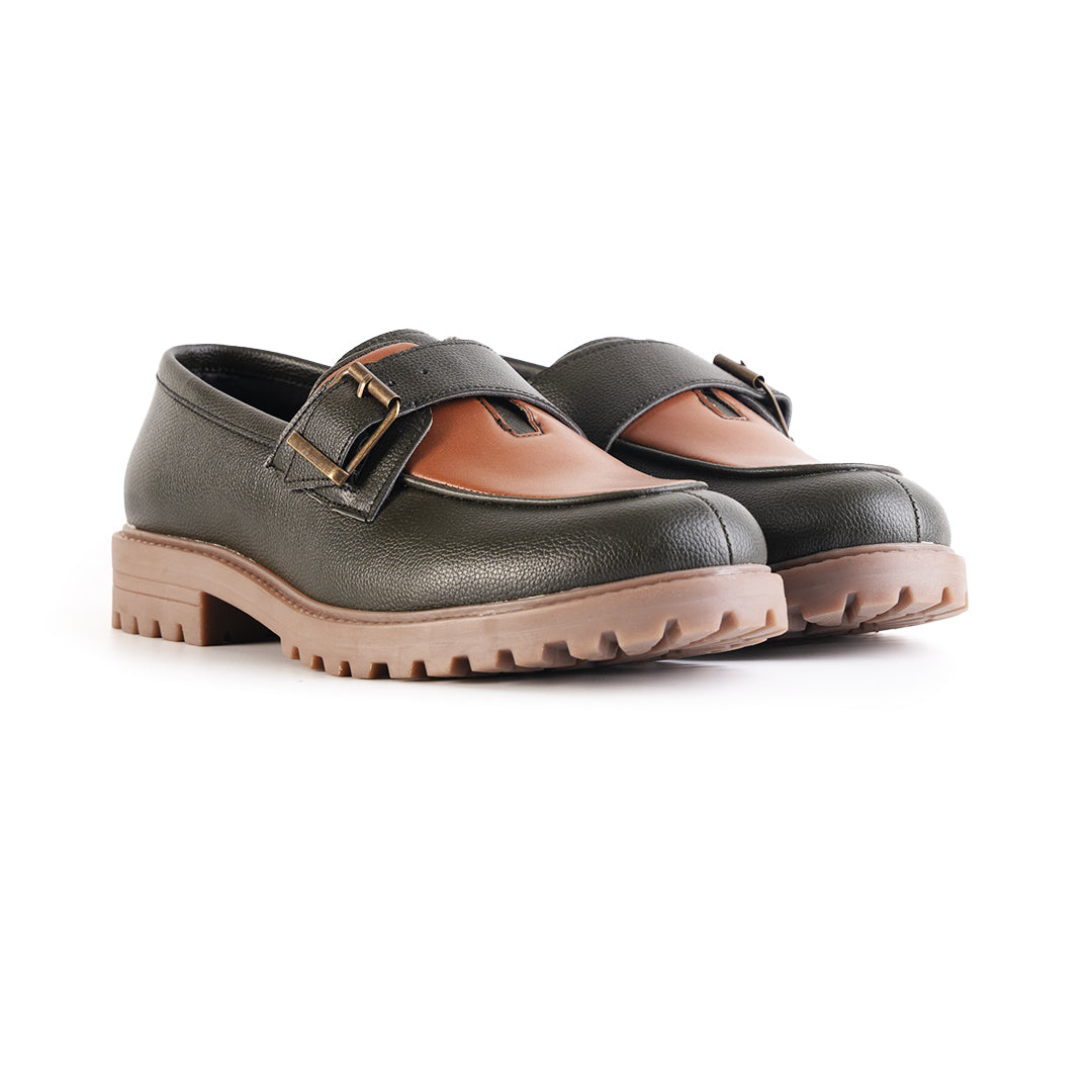 Monkstory Cosmopolitan Buckled Loafers  - Olive/Tan