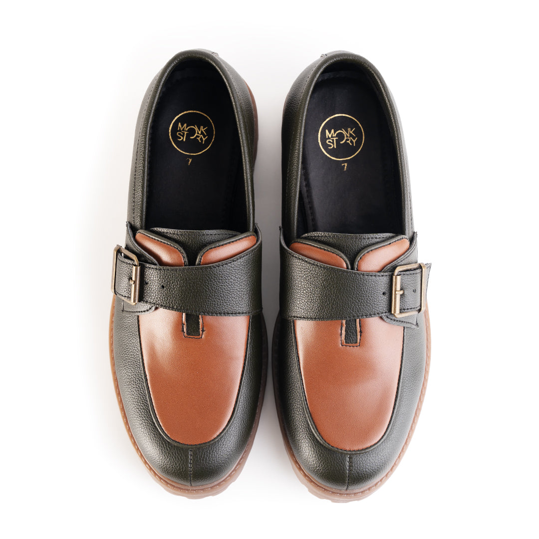Monkstory Cosmopolitan Buckled Loafers  - Olive/Tan