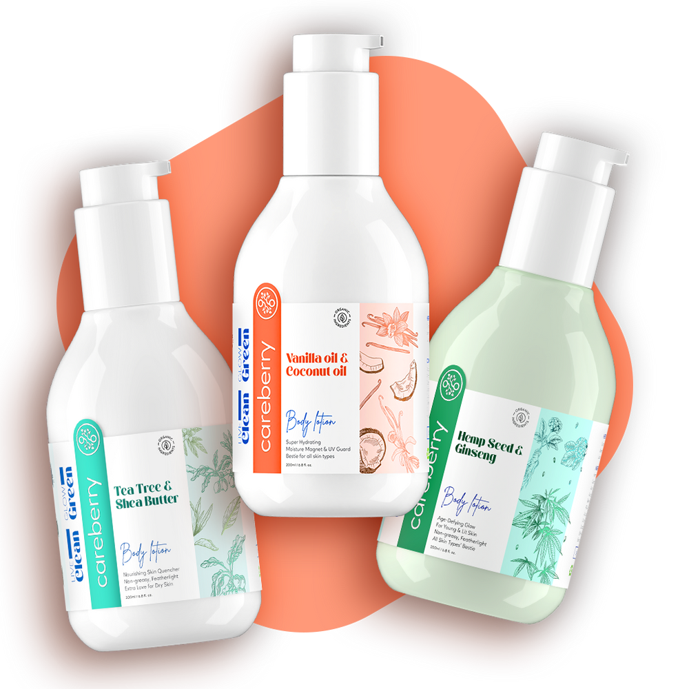 Careberry 's Skin Squad Essentials: Vanilla & Coconut, Hemp Seed & Ginseng, Tea Tree & Shea Butter Body Lotion Trio (Pack of 3, 200 ml each)