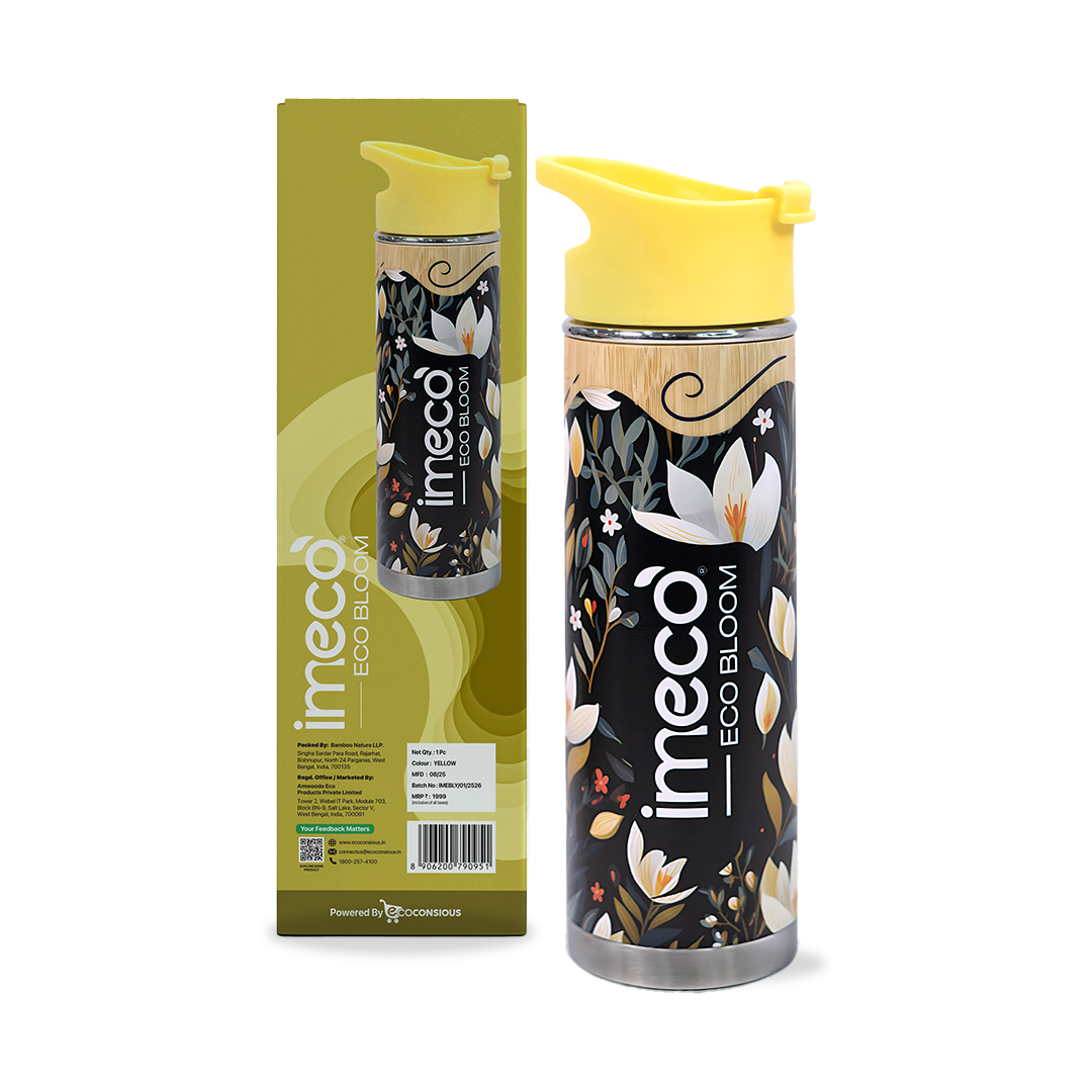 IMECO Printed Bamboo Bottle 450 ml - Leak & Rust Proof - Double-Wall Vacuum Insulated - For Adult & Kids