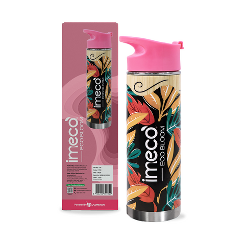IMECO Printed Bamboo Bottle 450 ml - Leak & Rust Proof - Double-Wall Vacuum Insulated - For Adult & Kids