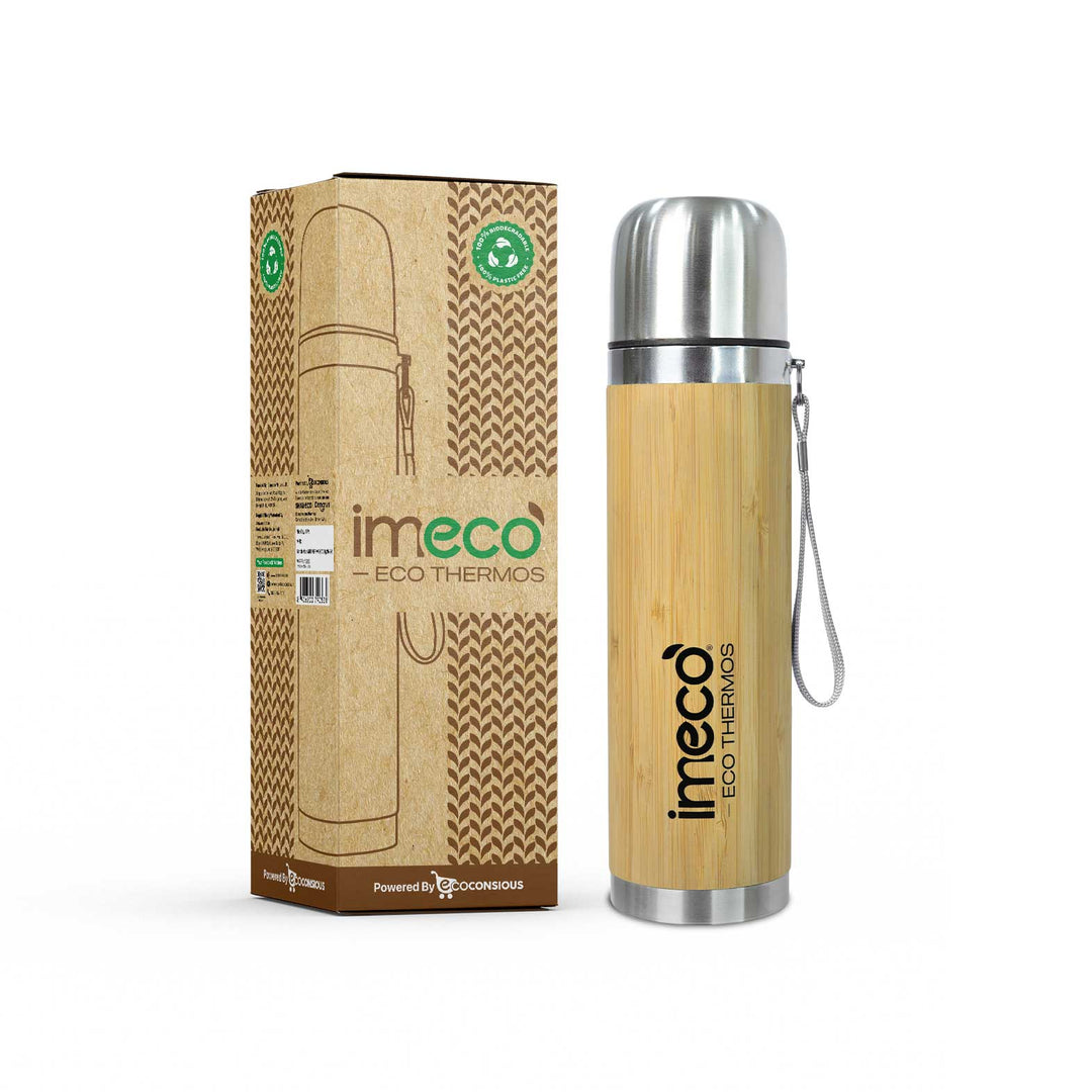 IMECO Bamboo Thermos Bottle - Stainless Steel Coated - Insulated Flask - 24 Hrs Hot & Cold Vacuum Flask - 450 ml