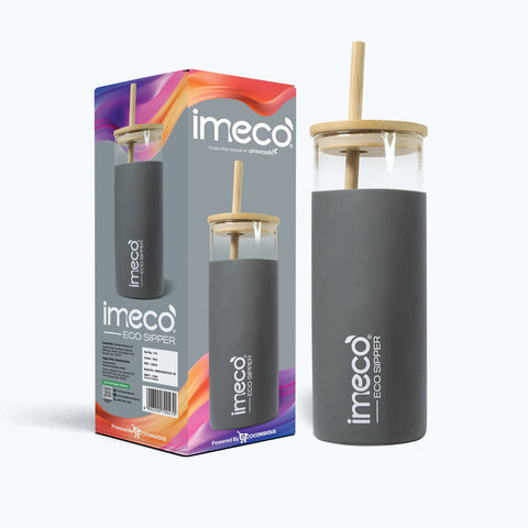 IMECO ECO-SIPPER Glass Sipper Bottle with Stylish Bamboo Lid & Straw - Leak & Sweat Proof 450 ml