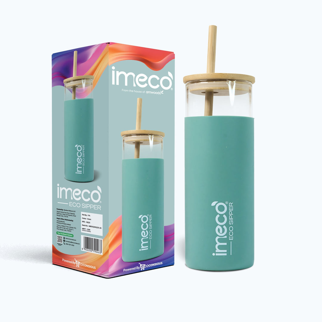 IMECO ECO-SIPPER Glass Sipper Bottle with Stylish Bamboo Lid & Straw - Leak & Sweat Proof 450 ml