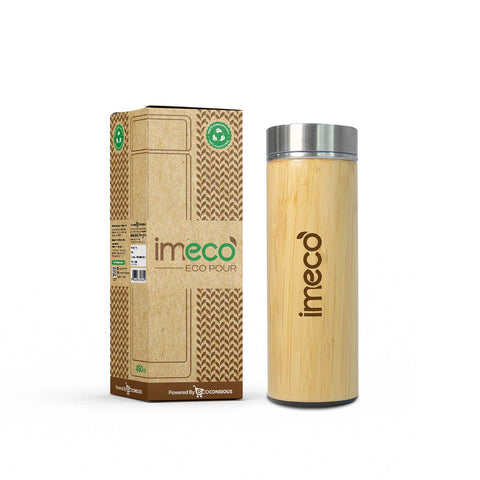 IMECO ECO-POUR Flat Head Bamboo Bottle with Stainless Steel Lid - Leakproof, Rust-Free, & BPA-Free - 450 ml