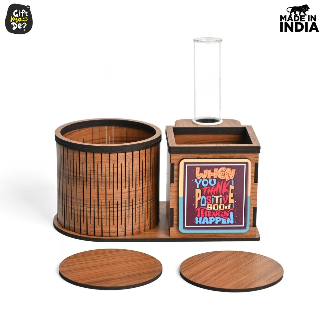 Gift Kya De Test Tube Planter With Wooden Water Bottle Holder, Wooden Pen Stand & Coasters | Corporate Gifts | Eco-Friendly