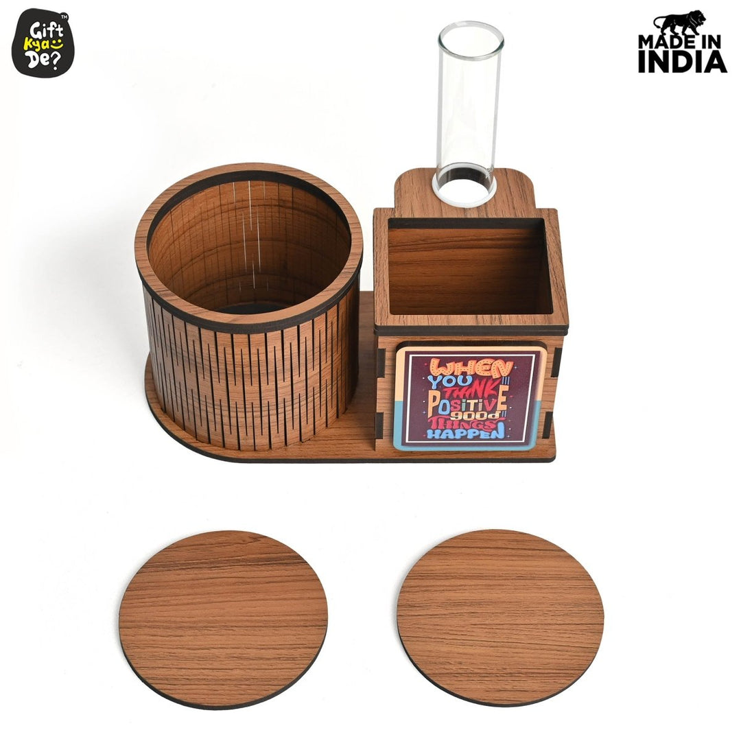 Gift Kya De Test Tube Planter With Wooden Water Bottle Holder, Wooden Pen Stand & Coasters | Corporate Gifts | Eco-Friendly