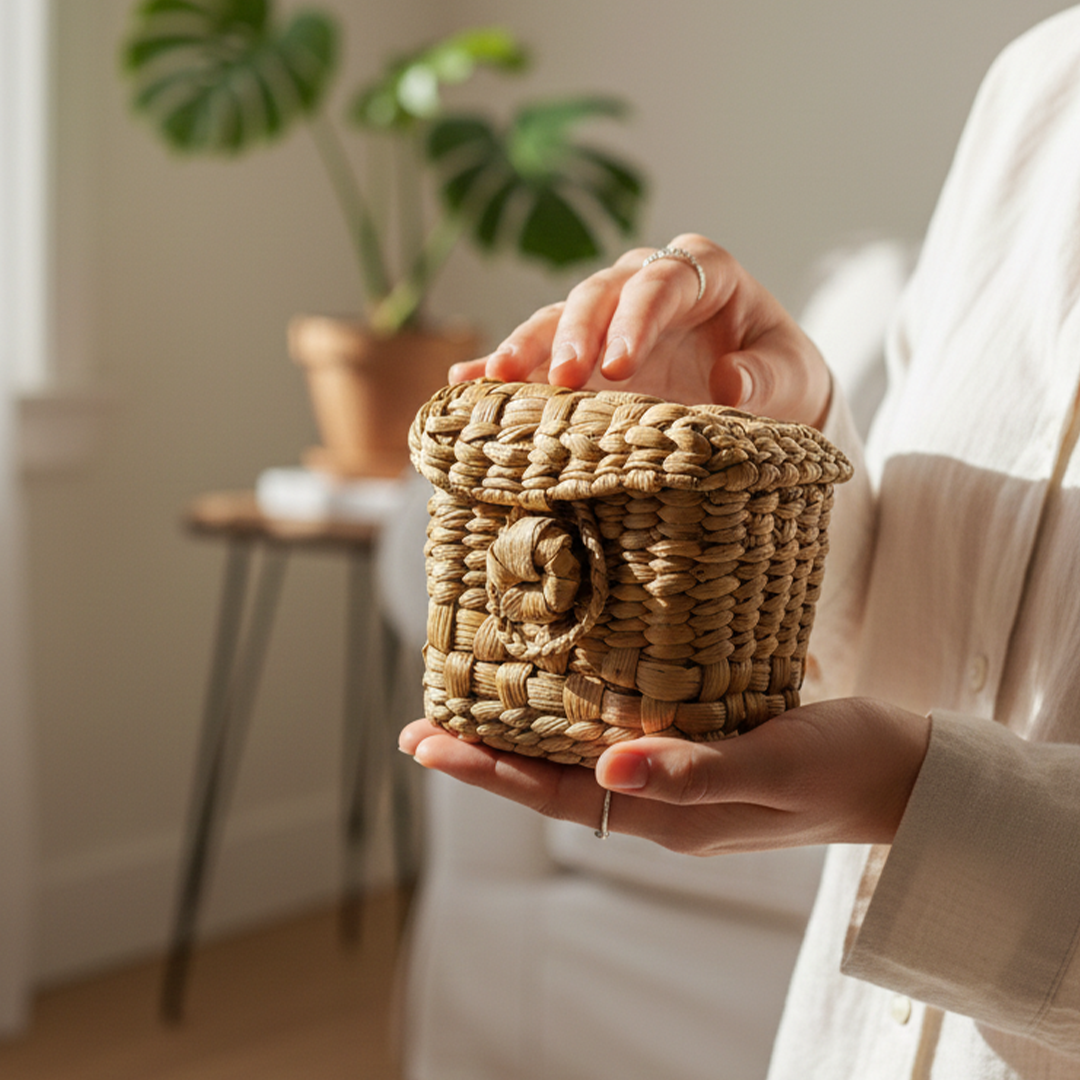 KHEONI Traditional Palm Leaf Water Water Hyacinth Box Multipurpose Storage & Utility Box – Mittai Petti, For Home, Office, Gifting