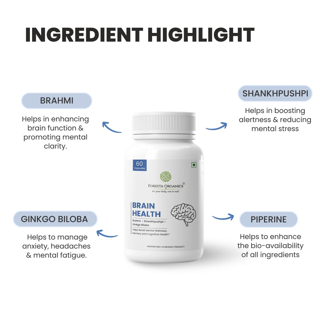 Foresta Organics Brain Health with Brahmi, Shankhpushpi & Gingko Biloba - 60 Capsules