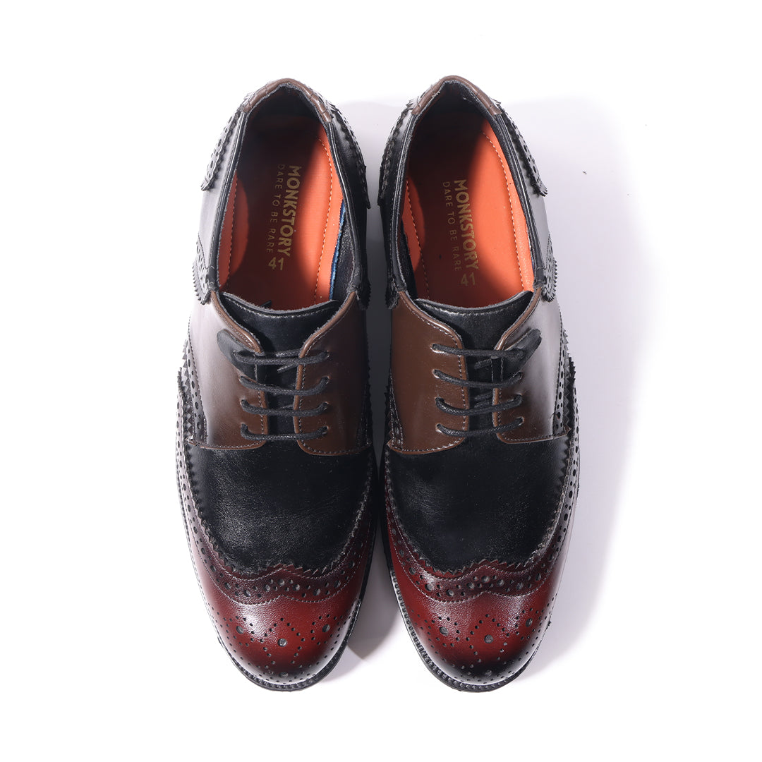 Monkstory Atelier 1900 Wingtip Tricolor Brogue Lace-Ups – Burgundy, Black & Brown