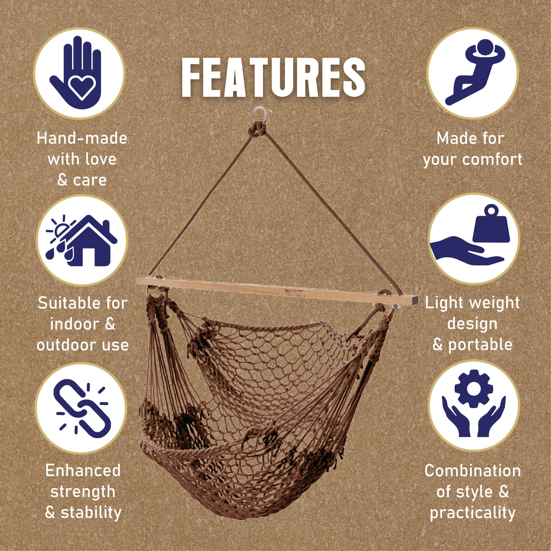 Slack Jack Polyester Rope Swing Chair with Free Hanging Accessories | Boho Hammock Jhula for Adults & Kids | Indoor & Outdoor Hanging Oonjal Swing for Home Décor, Balcony, Patio, Garden (Oatmeal)