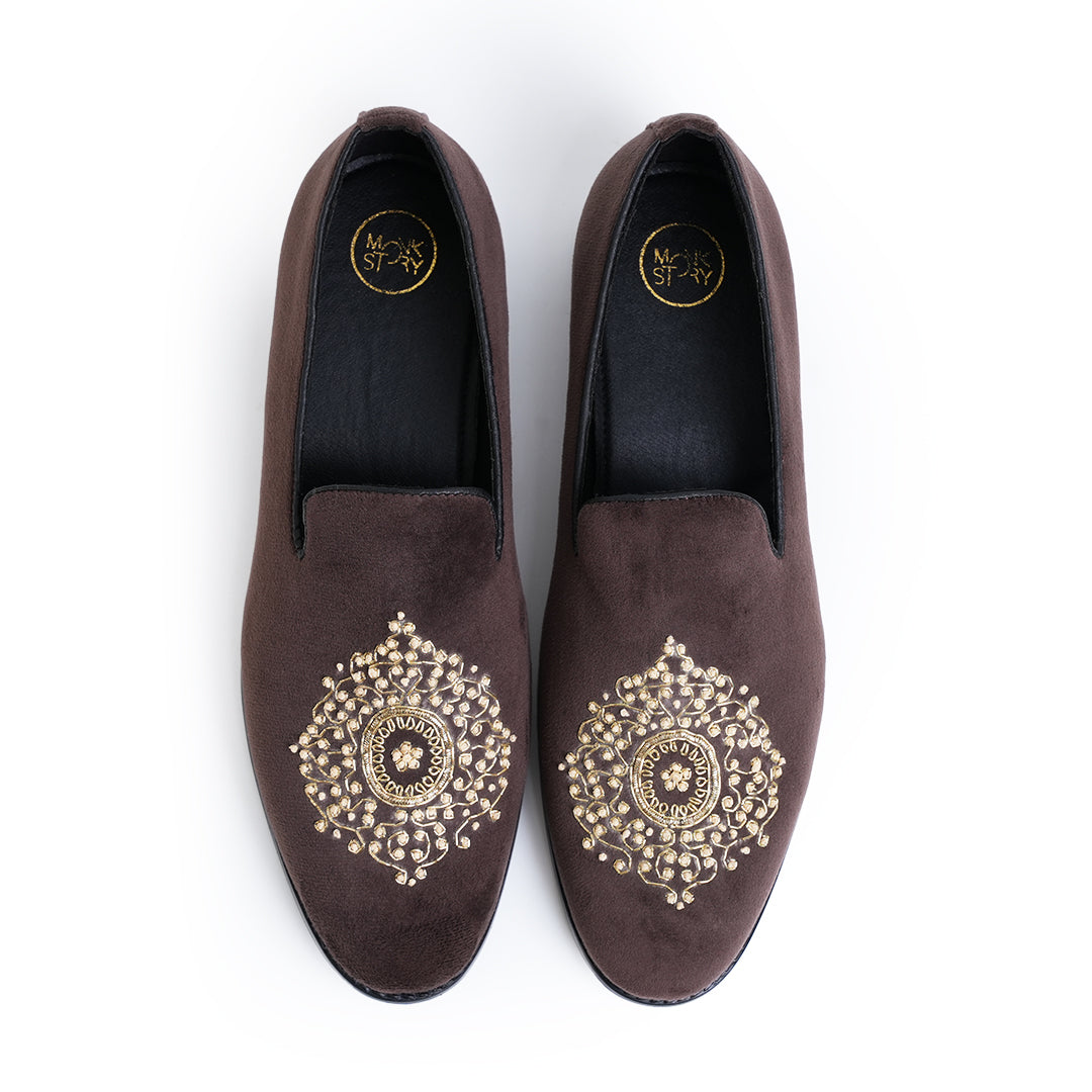 Monkstory Maharaja Zardosi Embroidered Slip-Ons – Brown