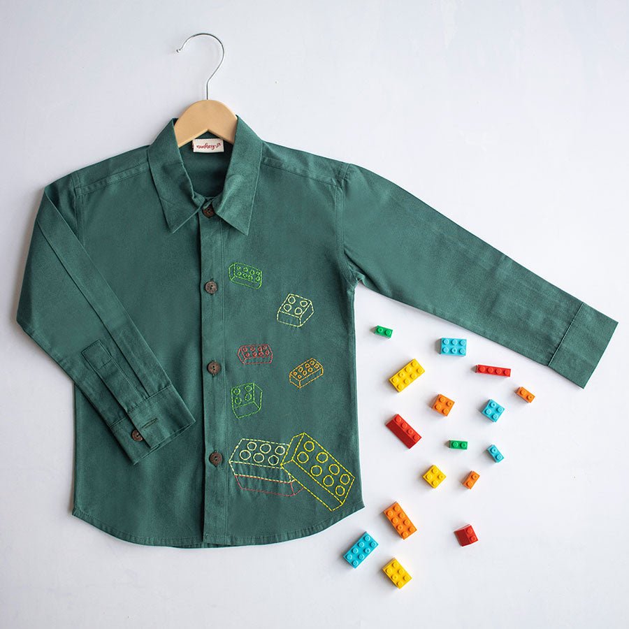 Building Blocks Embroidered Unisex Shirt - Bottle Green - Suspire