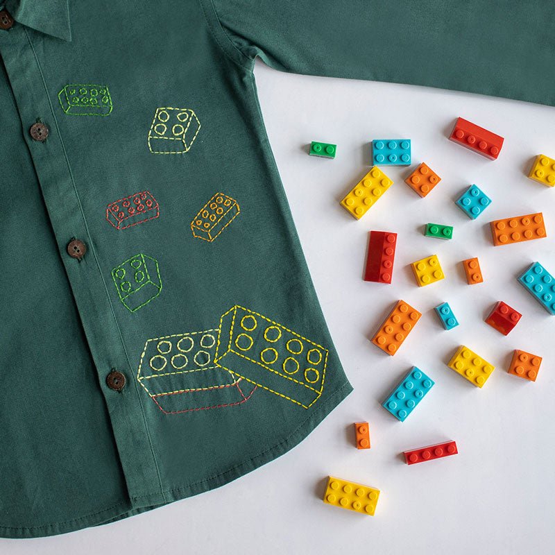 Building Blocks Embroidered Unisex Shirt - Bottle Green - Suspire