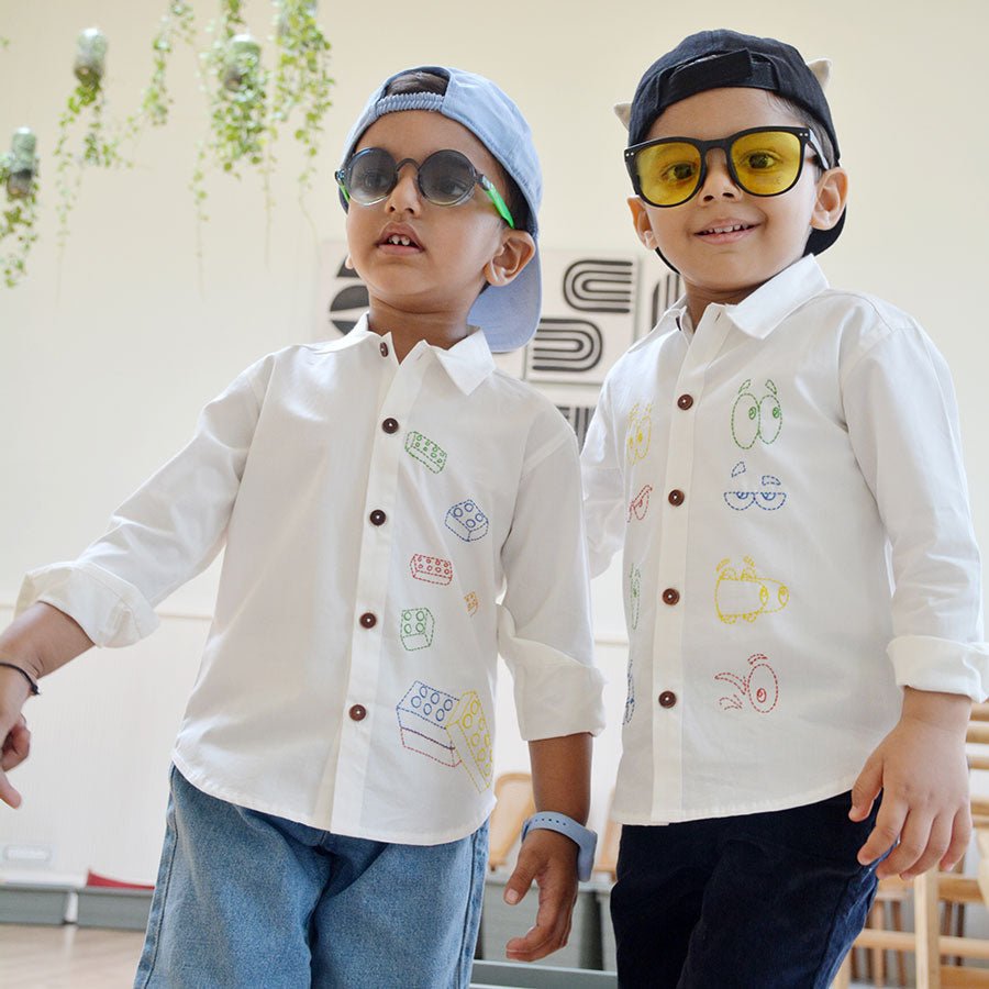 Building Blocks Embroidered Unisex Shirt - White - Suspire