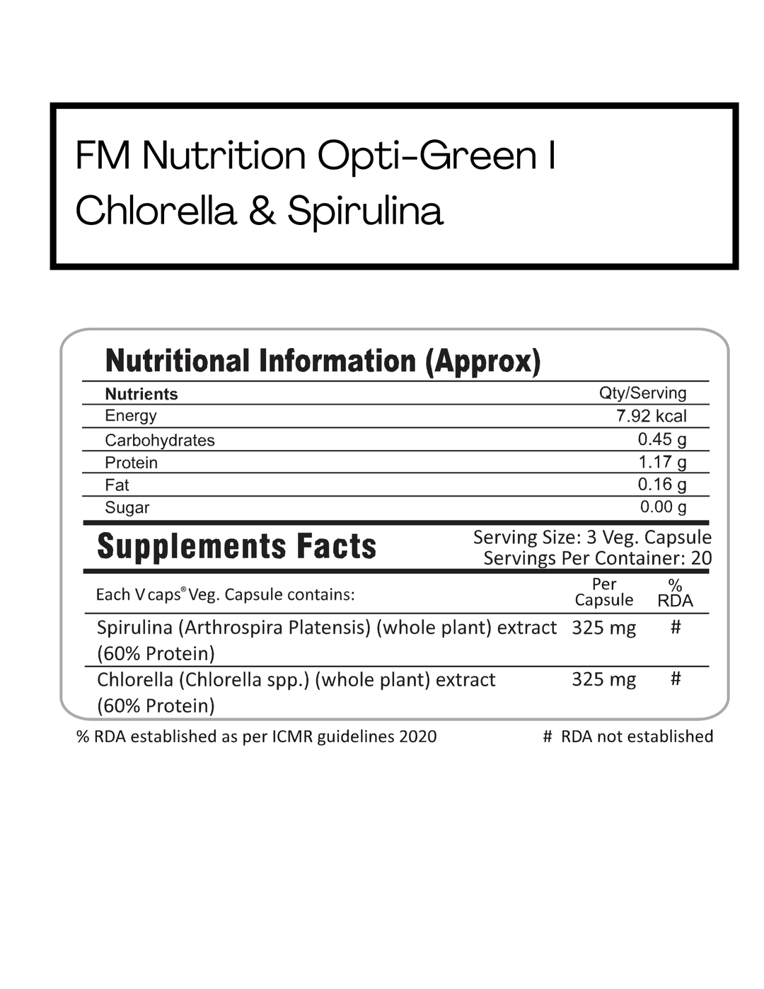 FM Nutrition Opti-Green I Chlorella & Spirulina I Natural Binder I Plant protein I Heavy Metal Detox I Rich in Omega 3 I Mitochondrial Health Booster I Vegan I 60 Capsules