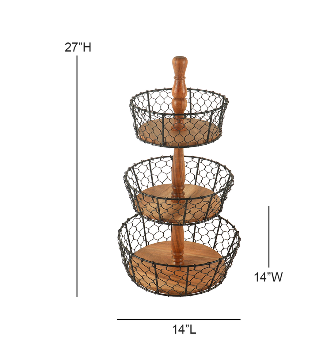 Ireka Homes Farmhouse Basket – Handcrafted Acacia Wood & Metal Storage Basket – Sturdy 3-Tier Organizer for Fruits, Vegetables & Kitchen Essentials