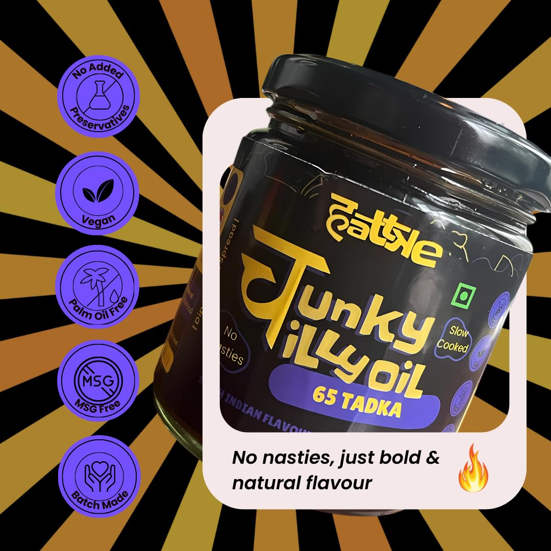 HATTKE Chunky Chilli Oil, 65 Tadka Flavour, South Indian Style Cooking & Drizzling Oil with Curry Leaves and Garlic, All Natural, No Preservatives, Natural & Fresh Ingredients - 175g
