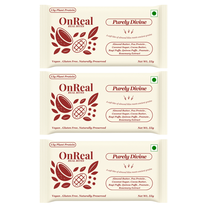 OnReal Purely Divine Plant-Based Protein Bars | 15g Protein | No Refined Sugar | High Fiber | Almond Butter | Made with Ragi & Quinoa Puffs | Vegan, Gluten-Free | Clean Label Snack
