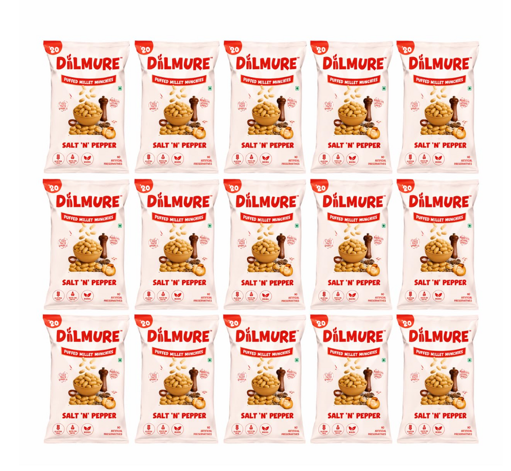 Dilmure Jowar Puffs – Salt N Pepper Millet Munchies 25G | Roasted Not Fried Snacks For Kids & Adults | No Preservatives, No MSG, No Maltodextrin | Palm Oil Free | Zero Cholestrol, Zero Transfat | Healthy Indian Snack (Pack of 15)