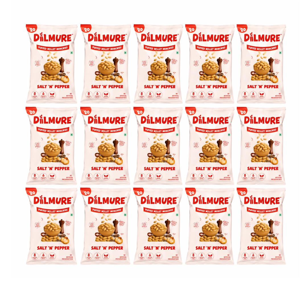 Dilmure Jowar Puffs – Salt N Pepper Millet Munchies 25G | Roasted Not Fried Snacks For Kids & Adults | No Preservatives, No MSG, No Maltodextrin | Palm Oil Free | Zero Cholestrol, Zero Transfat | Healthy Indian Snack (Pack of 15)