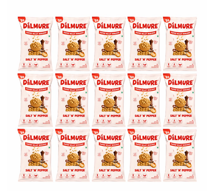 Dilmure Jowar Puffs – Salt N Pepper Millet Munchies 25G | Roasted Not Fried Snacks For Kids & Adults | No Preservatives, No MSG, No Maltodextrin | Palm Oil Free | Zero Cholestrol, Zero Transfat | Healthy Indian Snack (Pack of 15)