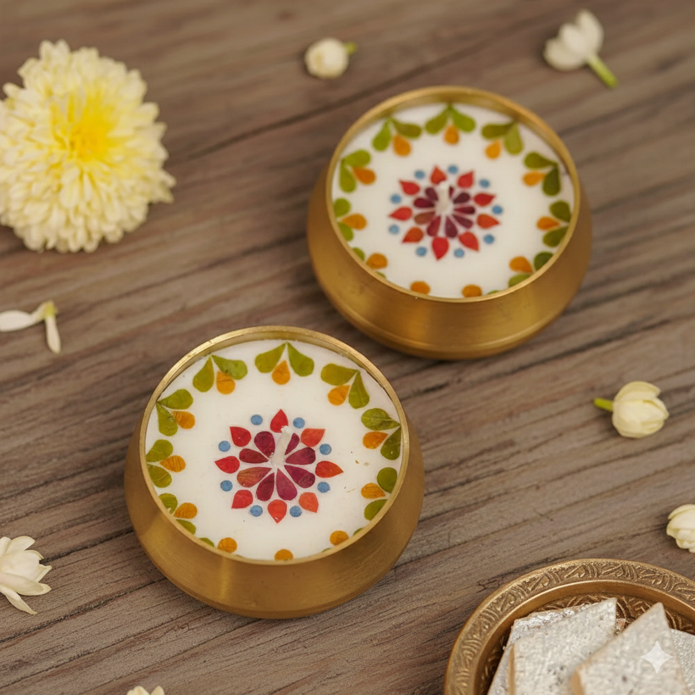 Pressed Flower Brass Urli Diyas Set of 2 | Decorative Brass Lamps