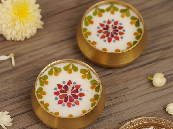 Pressed Flower Brass Urli Diyas Set of 2 | Decorative Brass Lamps