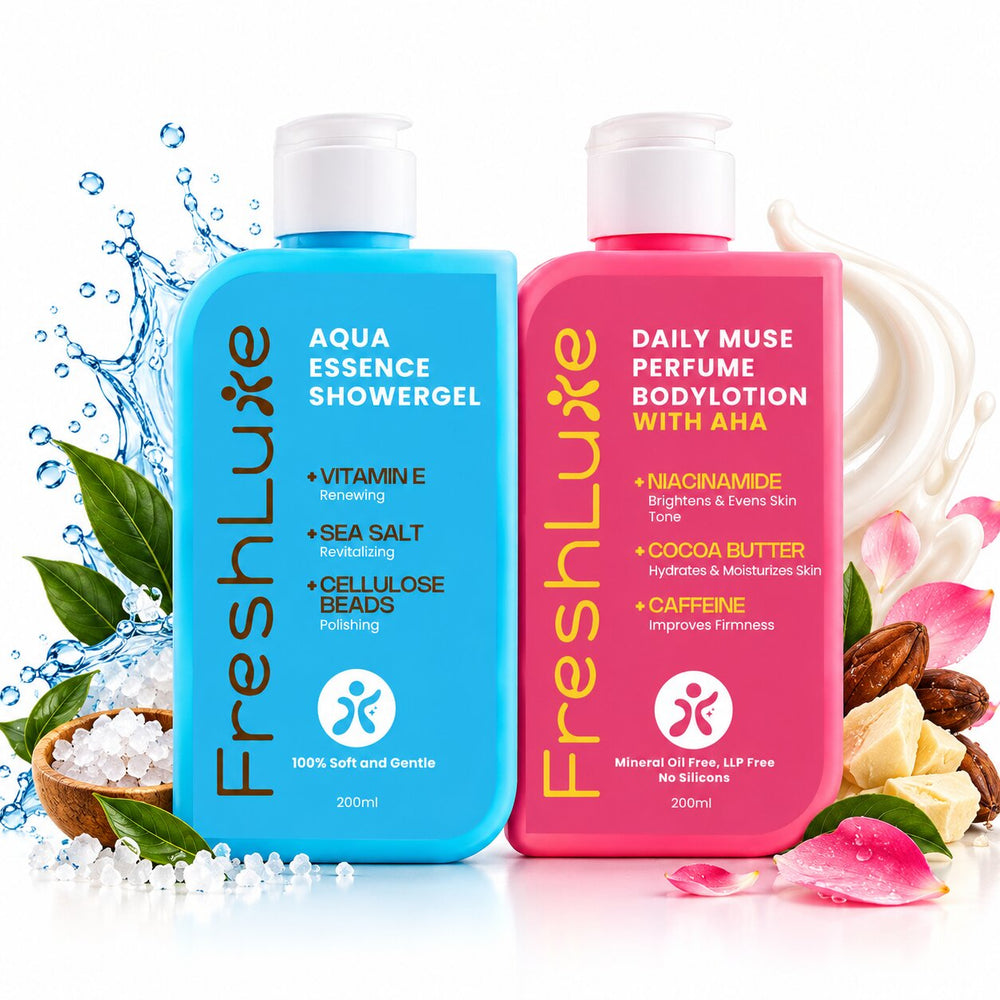FreshLuxe Body Wash & Lotion Combo | Aqua Essence Exfoliating Shower Gel + Daily Muse Brightening Perfume Body Lotion with AHA, Niacinamide & Cocoa Butter | Skincare Kit for Women & Men | 2 x 200ml