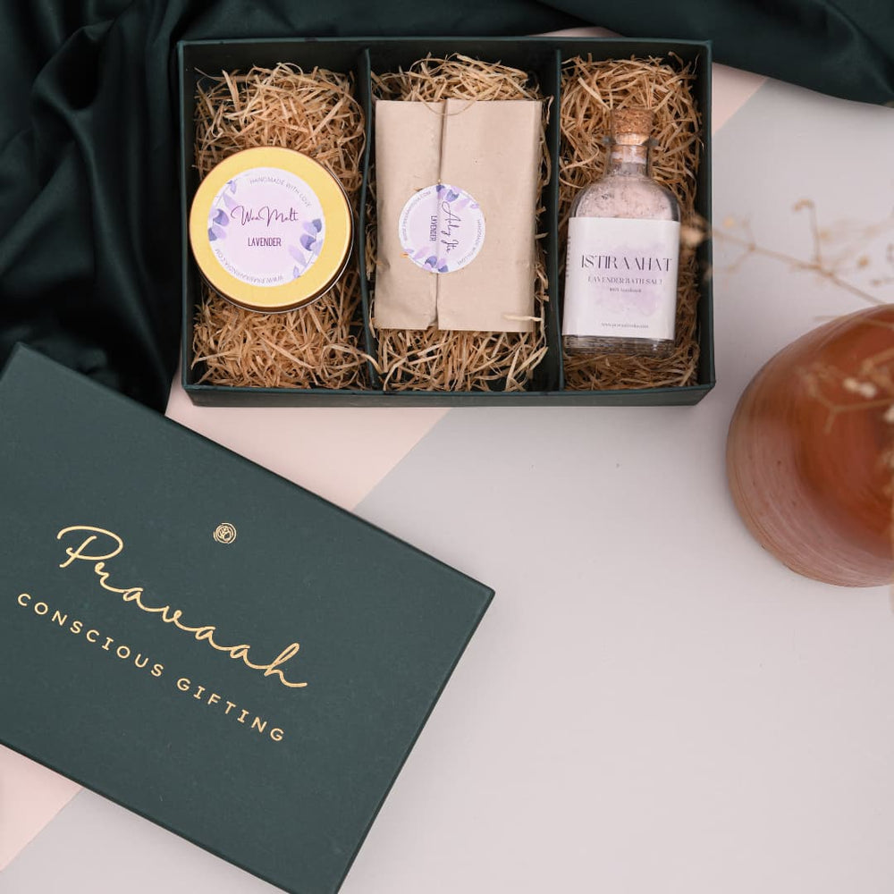 Luxury Rakhi Gift Hamper | Lavender Bath Salts, Soy Wax Air Freshener & Wax Melts | Handmade Self Care Gift Box for Brother & Sister | Pravaah