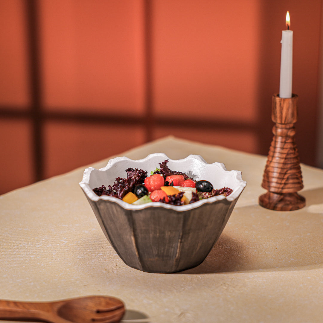 IREKA HOME Celest Mango Wood Multipurpose Serving Bowl with White Enamel Finish | Handcrafted Wooden Bowl for Fruits, Snacks & Table Décor | 20x10 cm