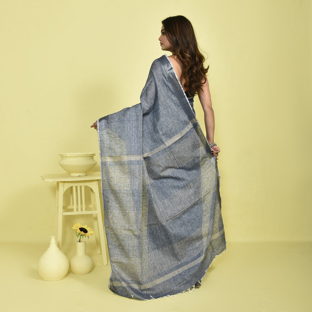 Grey Pure Linen Saree with Metallic Border