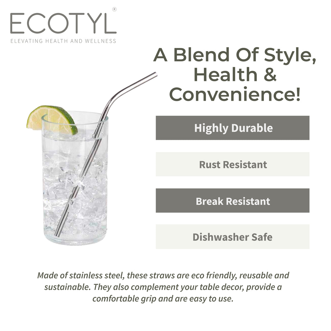 Ecotyl Stainless Steel Straw Bent with Cleaning Brush | Reusable Straws | Set of 4