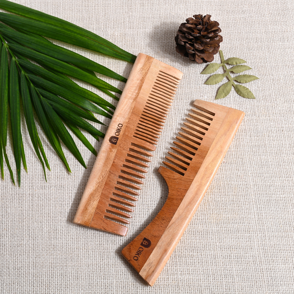 OIKO Neem Wood Hair Comb Combo Pack – Handle & Dual-Sided