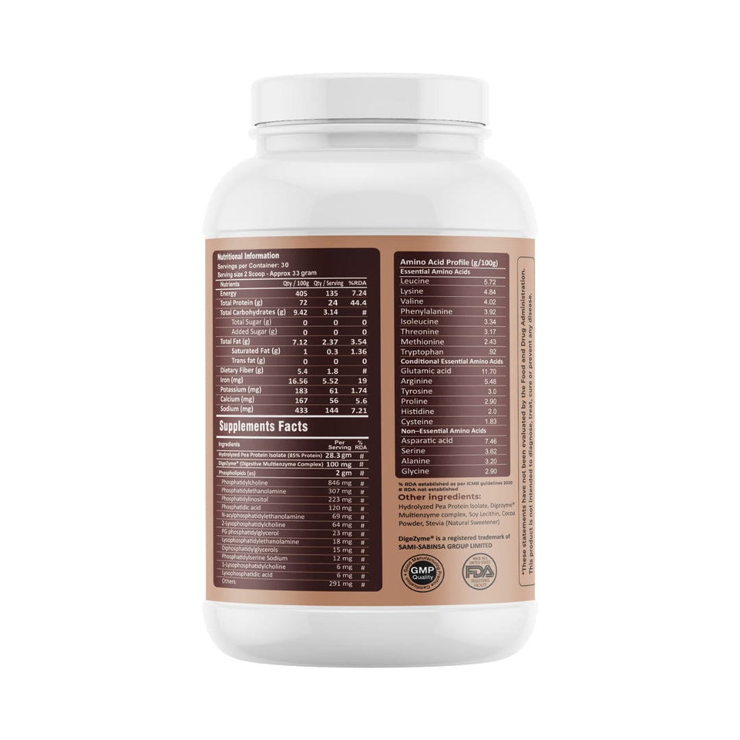 FM Nutrition Assimilate Protein I Hydrolysed Plant protein I Pea Protein with Phospholipids I Leaky gut repair I Suitable for Sensitive stomach I Choloate flavour I Sweetened with Stevia