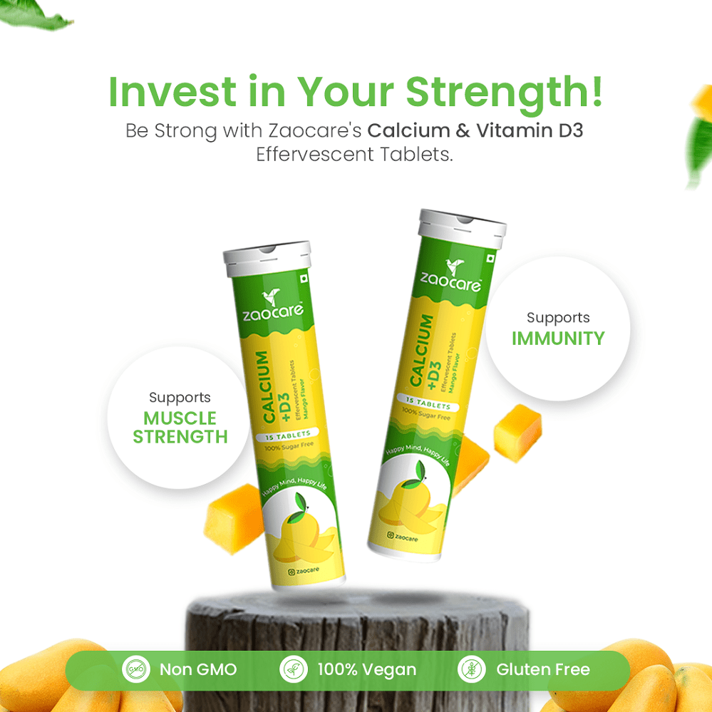 Zaocare Calcium & vitamin D3 effervescent tablets | for bone, teeth & muscle health | 100% vegan