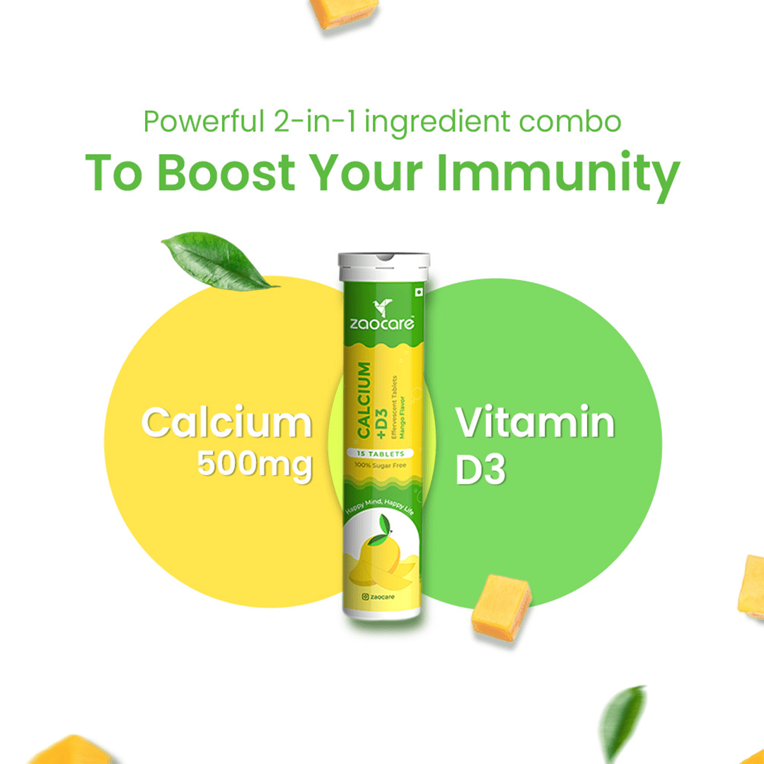 Zaocare Calcium & vitamin D3 effervescent tablets | for bone, teeth & muscle health | 100% vegan