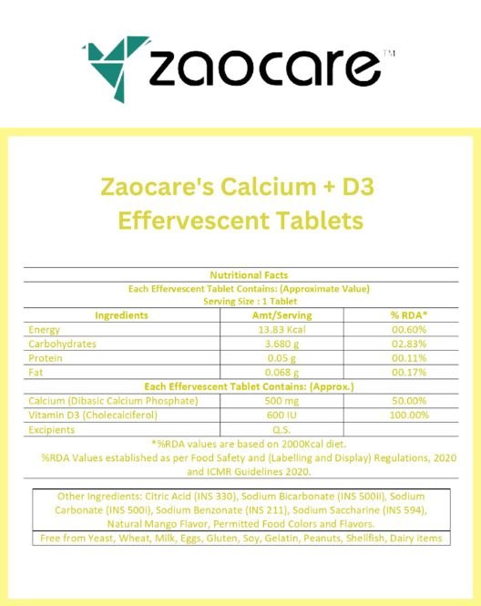 Zaocare Calcium & vitamin D3 effervescent tablets | for bone, teeth & muscle health | 100% vegan