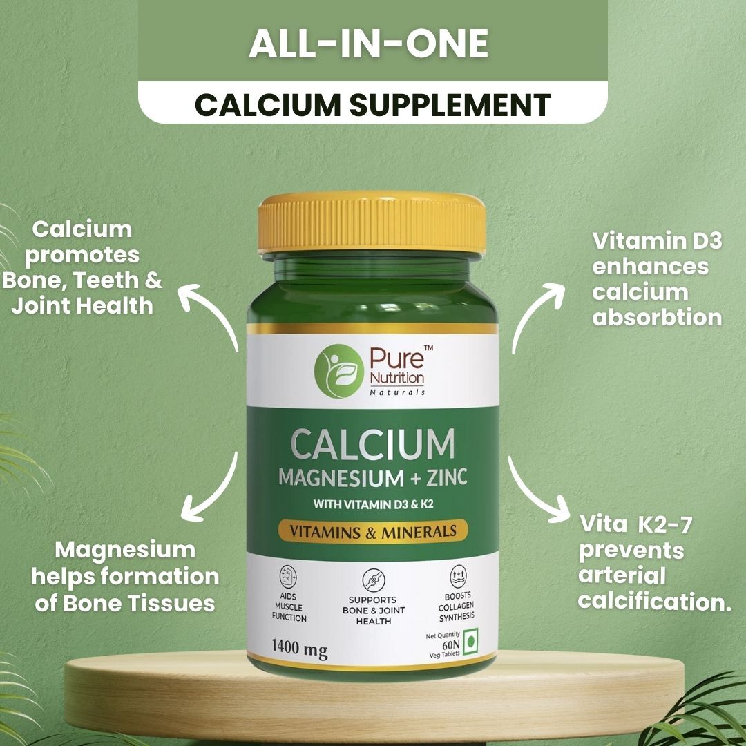 Pure Nutrition Calcium Magnesium & Zinc Supplement with Vitamin D3 & K2 (600 IU) for Women & Men | Supports Bone & Joint Health | Aids Muscle Health, Boosts Collagen Synthesis | 1400mg - 60 Tablets