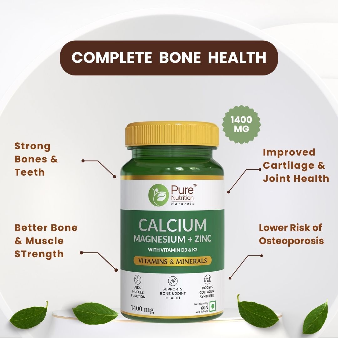 Pure Nutrition Calcium Magnesium & Zinc Supplement with Vitamin D3 & K2 (600 IU) for Women & Men | Supports Bone & Joint Health | Aids Muscle Health, Boosts Collagen Synthesis | 1400mg - 60 Tablets
