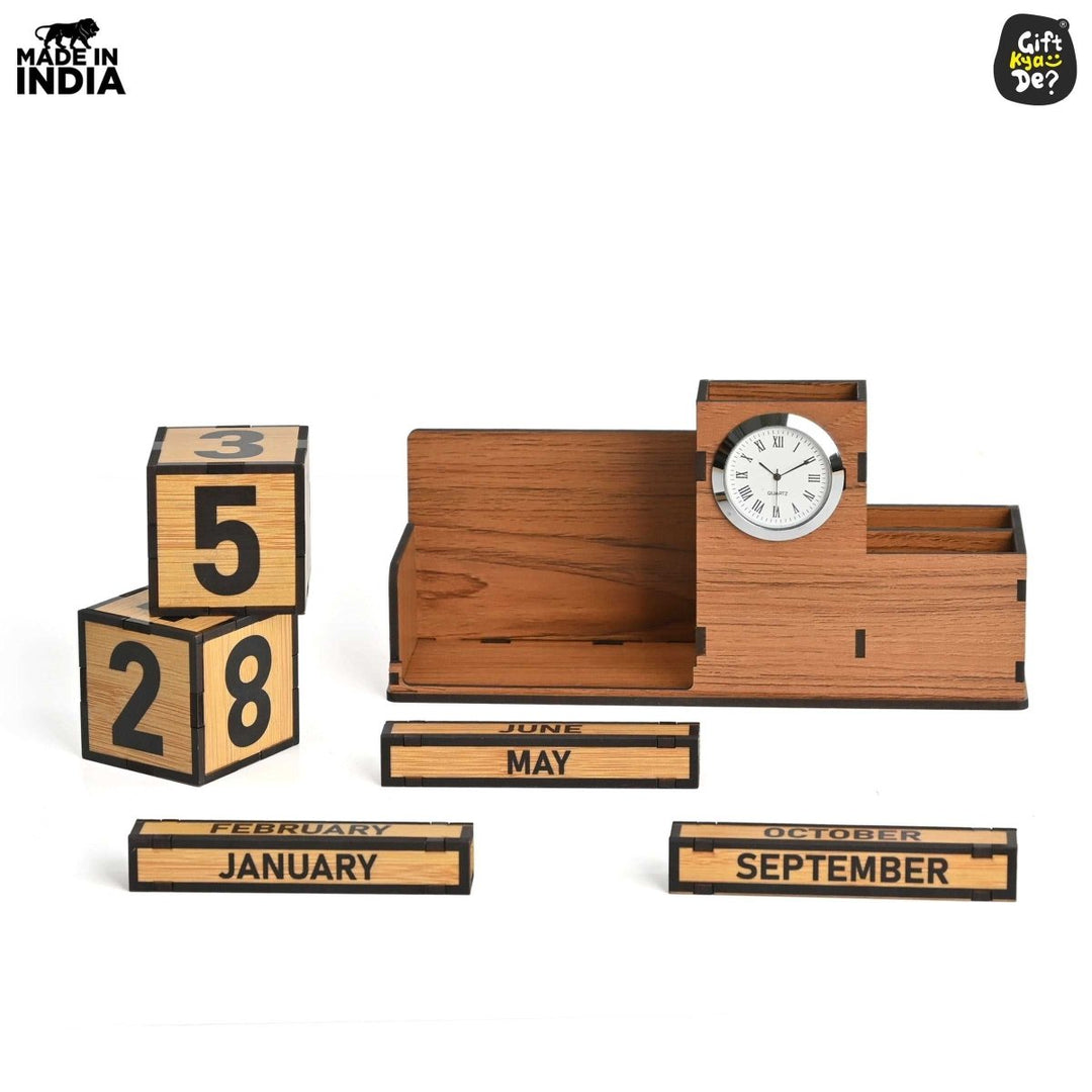Gift Kya De Wooden Desk Organizer with Lifetime Calendar and Clock | High-Quality Workspace Essential | Eco-Friendly