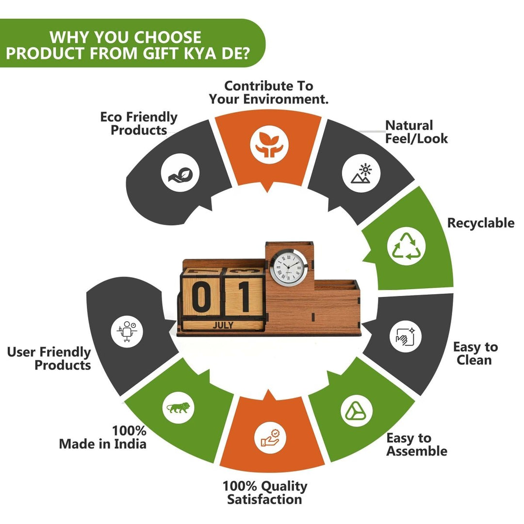 Gift Kya De Wooden Desk Organizer with Lifetime Calendar and Clock | High-Quality Workspace Essential | Eco-Friendly