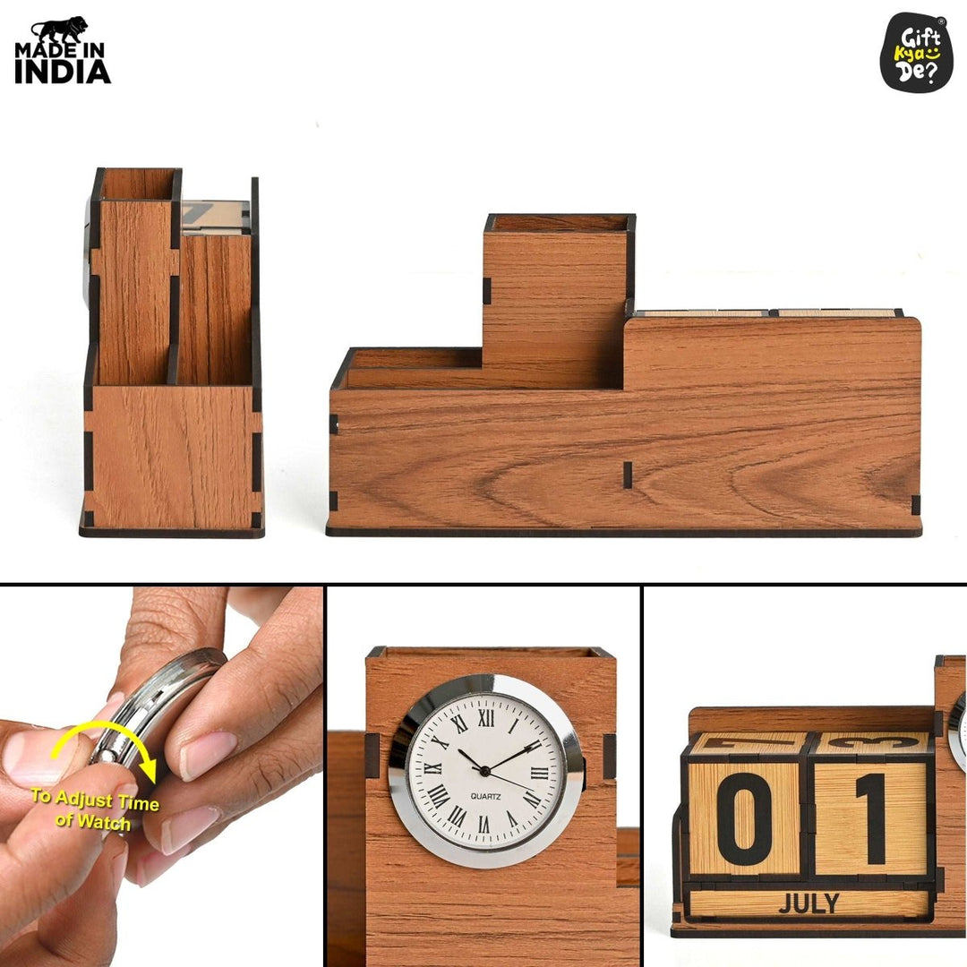 Gift Kya De Wooden Desk Organizer with Lifetime Calendar and Clock | High-Quality Workspace Essential | Eco-Friendly