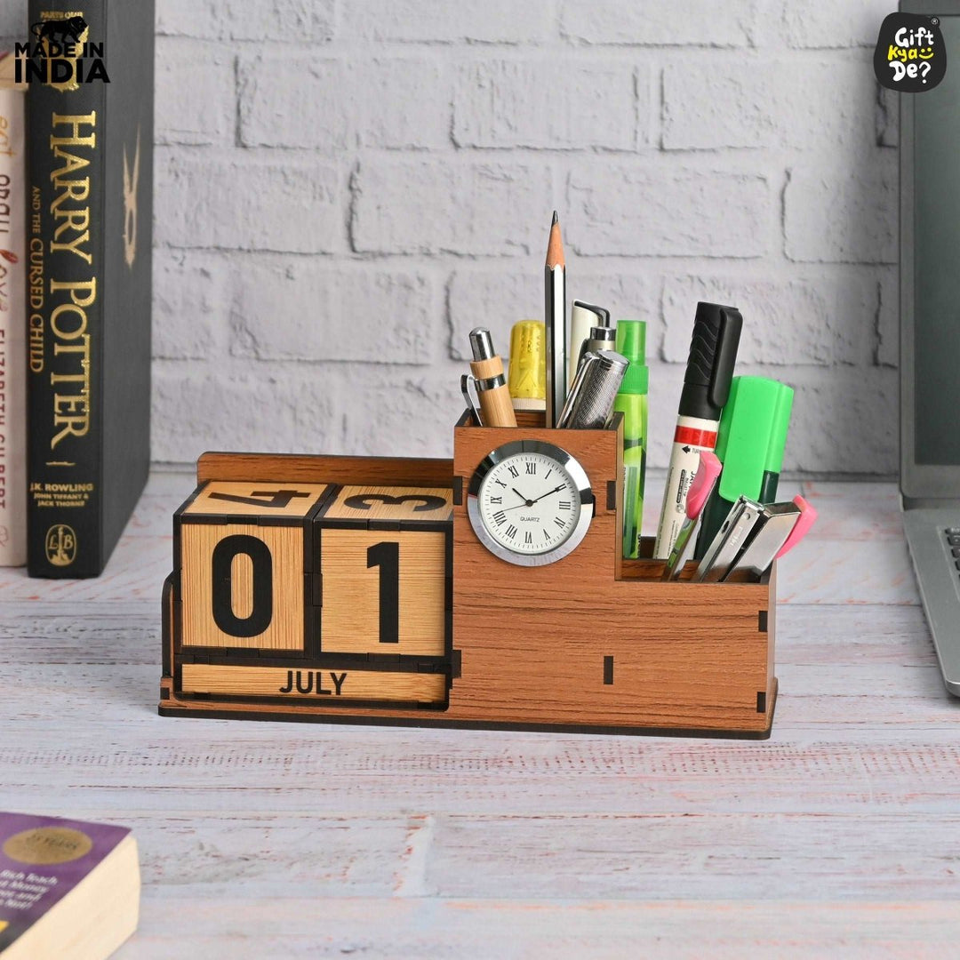 Gift Kya De Wooden Desk Organizer with Lifetime Calendar and Clock | High-Quality Workspace Essential | Eco-Friendly