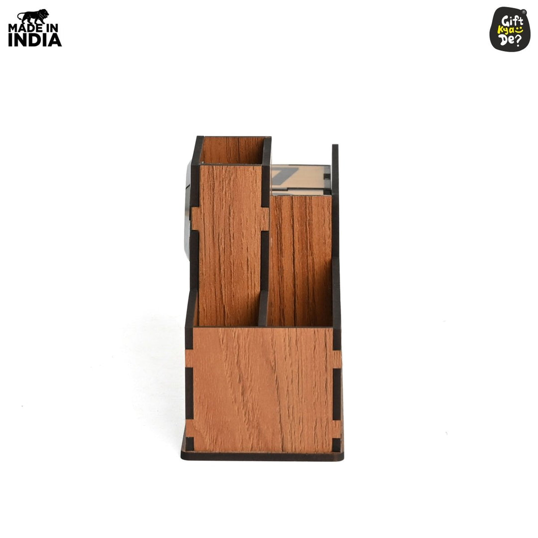 Gift Kya De Wooden Desk Organizer with Lifetime Calendar and Clock | High-Quality Workspace Essential | Eco-Friendly