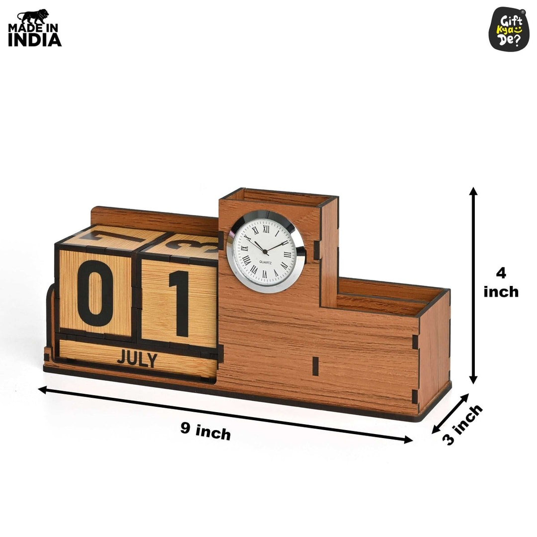 Gift Kya De Wooden Desk Organizer with Lifetime Calendar and Clock | High-Quality Workspace Essential | Eco-Friendly