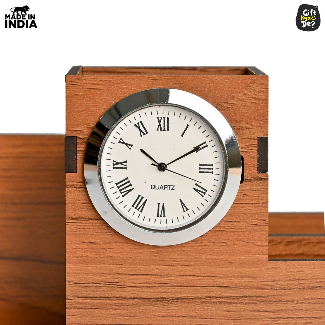 Gift Kya De Wooden Desk Organizer with Lifetime Calendar and Clock | High-Quality Workspace Essential | Eco-Friendly